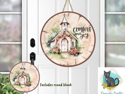 Wood Slice/Round Comfort and Joy Church Digital, Christmas, Winter, PNG, Design, Download, Door Hang, Ornament, Sublimation.