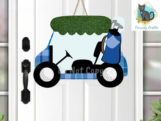 Golf Cart, Blue Plaid, Sublimation, PNG, Digital Download, Earrings, Door Hanger, Decoration, Ornament