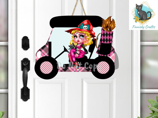 Witch/Halloween Golf Cart, Sublimation, PNG, Digital Download, Earrings, Door Hanger, Decoration, Ornament