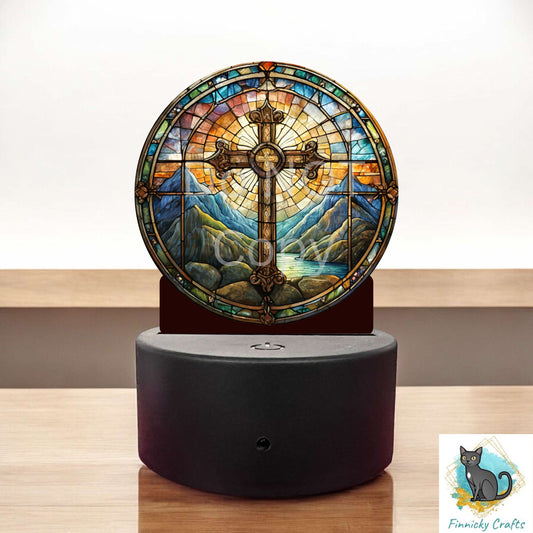 Christmas Stained Glass Cross, Round, Sublimation, Digital, PNG Design, Acrylic, Light Base, Night Light