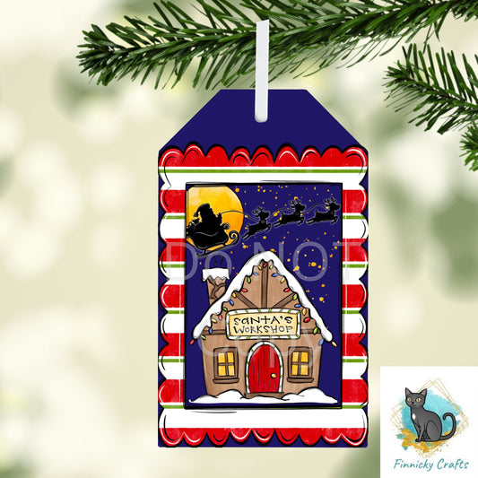 Christmas Santa’s Workshop tag shape - ornament, decor, Santa, sign • Sublimation Designs, PNG, Digital Download