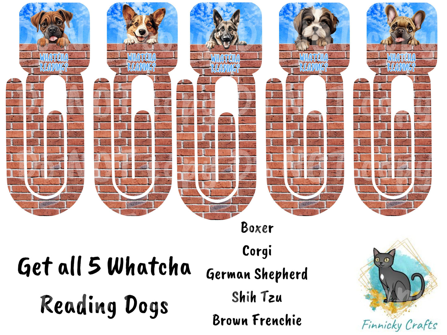 Peeking Dogs Bookmarks - 5 Designs Bundle - German Shepherd, Corgi, Boxer, Shih Tzu, Brown Frenchie - Whatcha Reading? - PNG Download