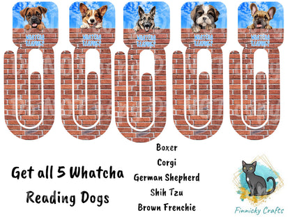 Peeking Dogs Bookmarks - 5 Designs Bundle - German Shepherd, Corgi, Boxer, Shih Tzu, Brown Frenchie - Whatcha Reading? - PNG Download