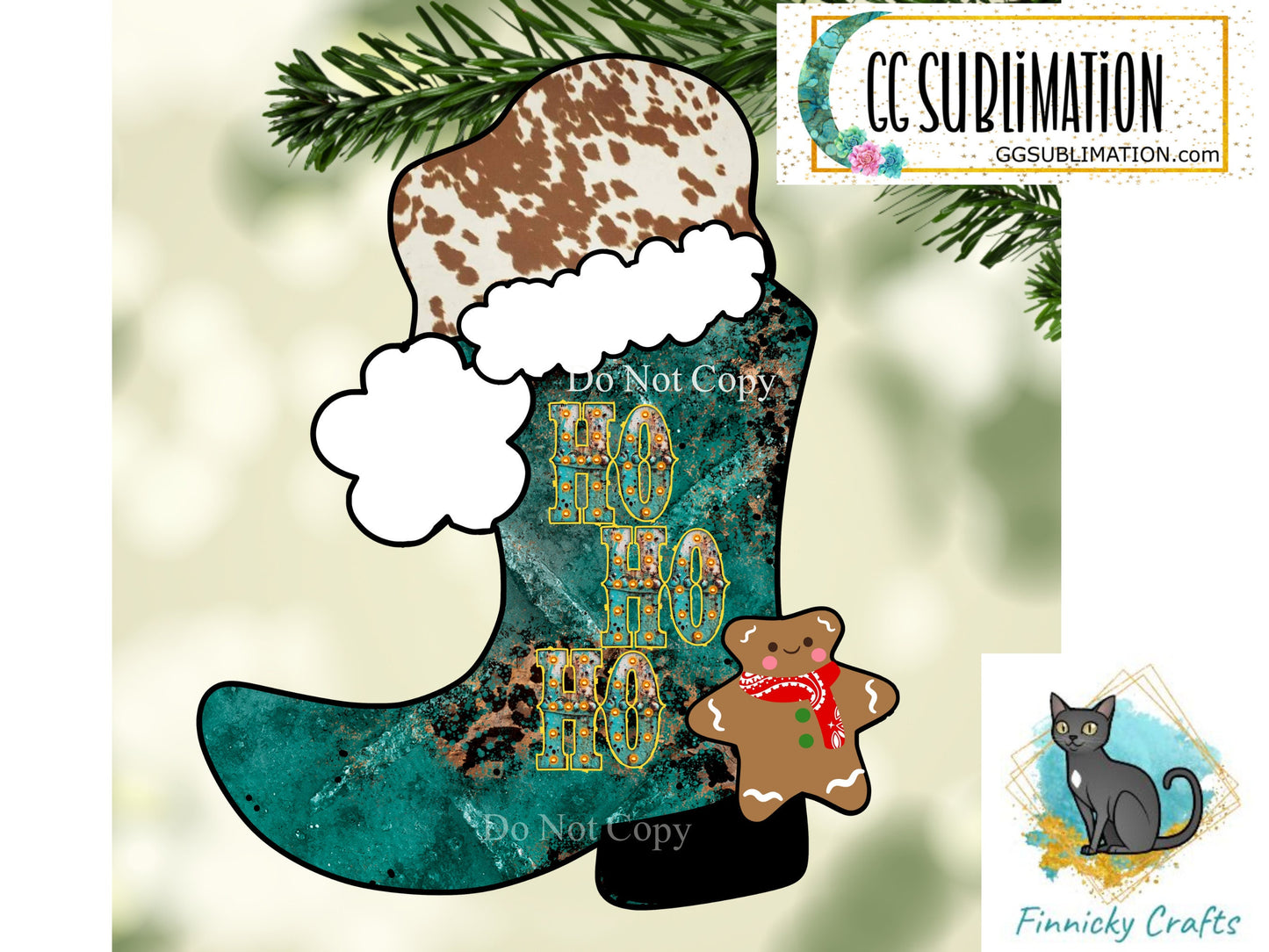 Turquoise and Leopard Cowboy Boot with Santa Hat and Gingerbread Man Spur Christmas Design png