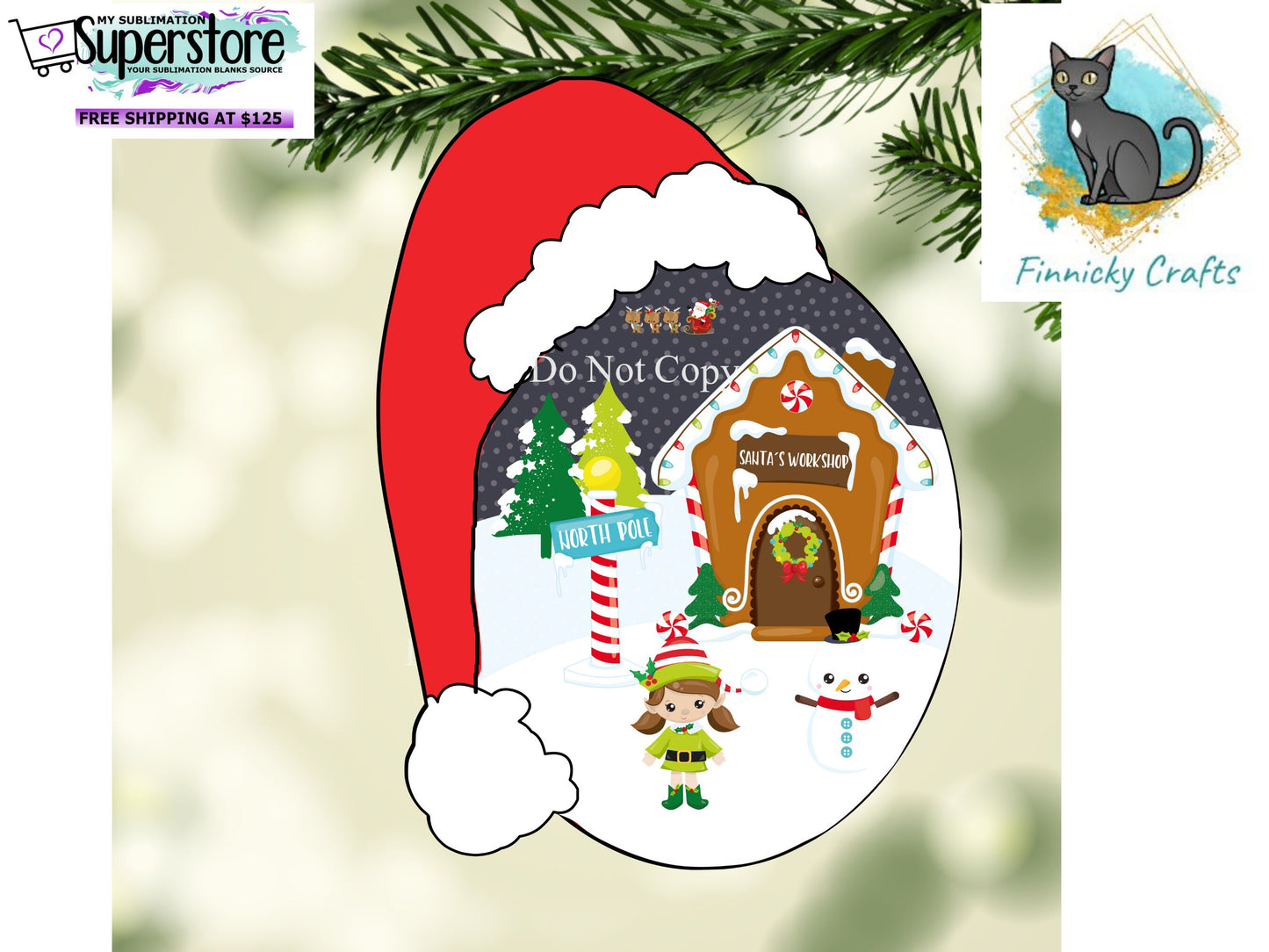 Santa's Workshop Oval with Santa Hat Christmas Design png