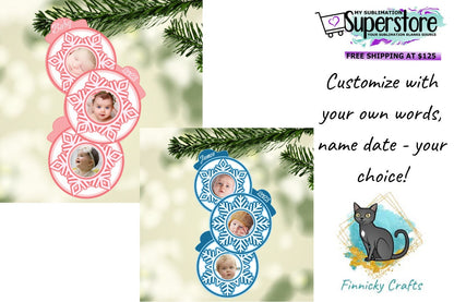 Pink and Blue Customizable Trio Bulb Snowflake Christmas Ornament Bundle png
