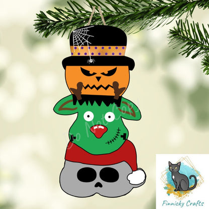 Trio Halloween Pumpkin, Frankenstein Reindeer, Skeleton Santa Design png