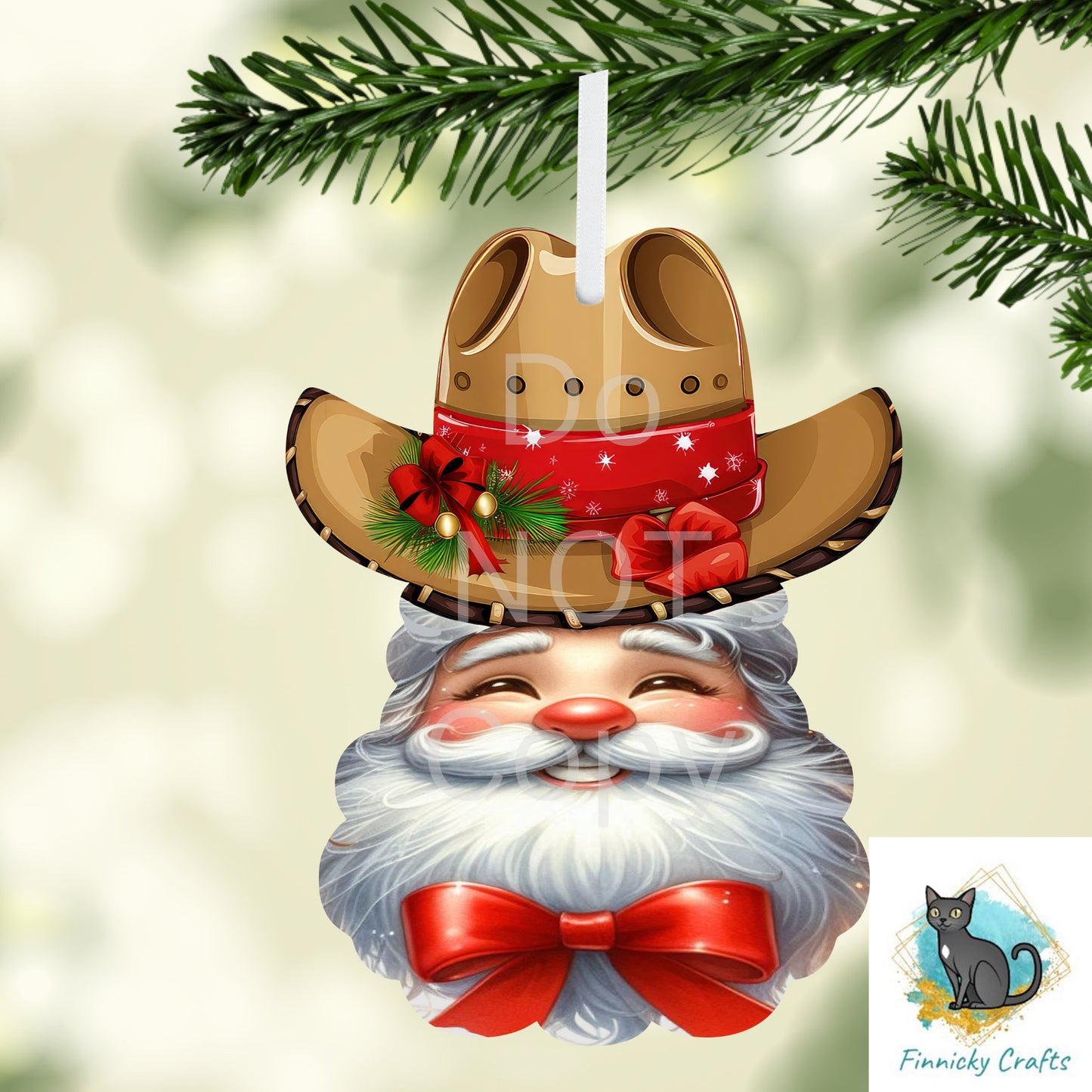 Western Cowboy Santa with red Christmas bow - earrings, night light, sign, decor  -  Christmas Ornament Digital File, MDF, Sublimation, DTF