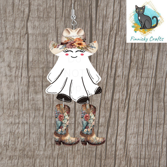Ghost Cowboy bundle with hat and boots- Sublimation Design - floral, earrings, Halloween