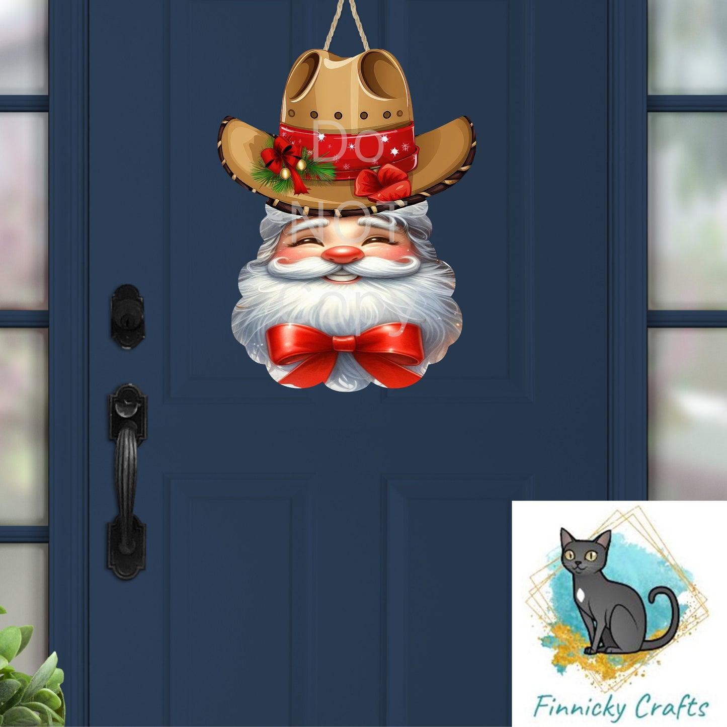 Western Cowboy Santa with red Christmas bow - earrings, night light, sign, decor  -  Christmas Ornament Digital File, MDF, Sublimation, DTF
