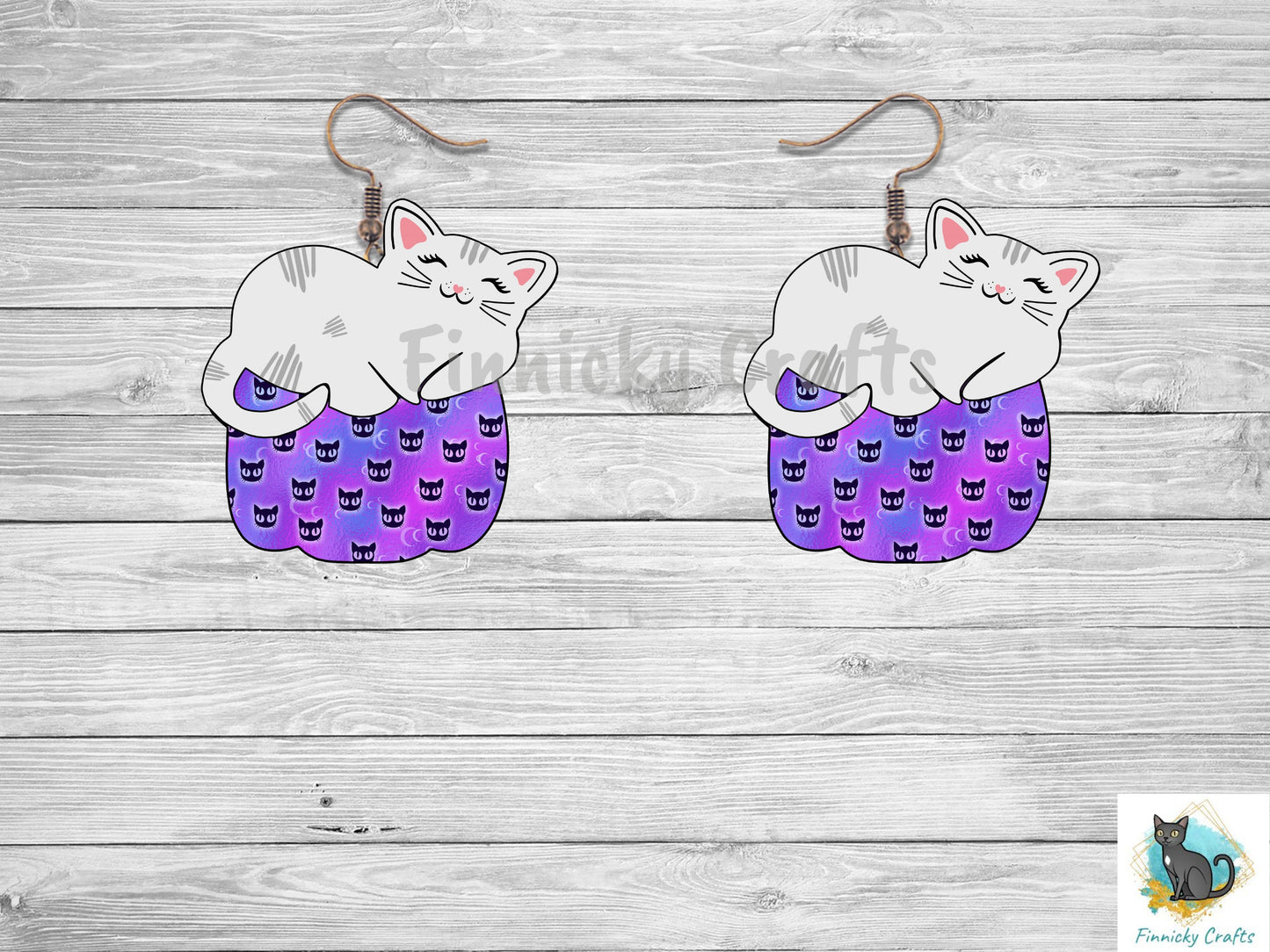 Gray Cat Sleeping on a Halloween Pumpkin Digital Design- Earrings - Signs - Design