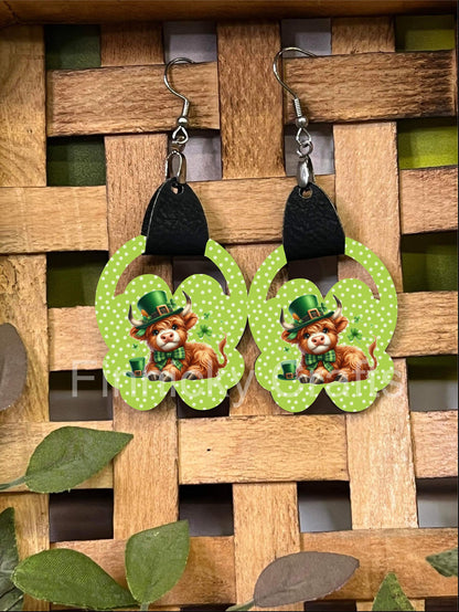 Clover with Leather Earrings, Shamrock, St. Patrick's Day, Gnomes, Rainbow, Gold, Highland Cow, Sublimation, PNG, Digital, Design, Download