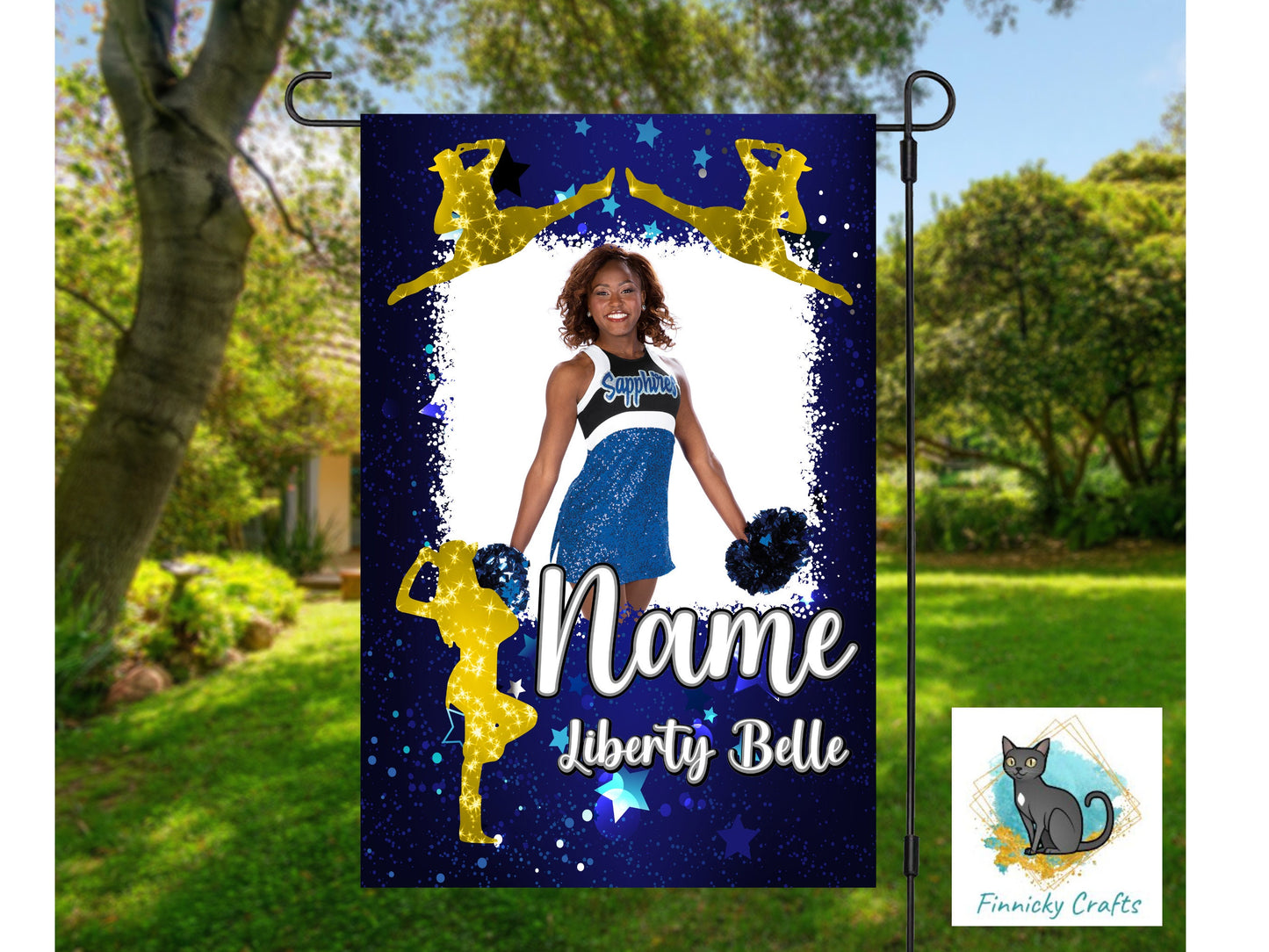 Blue/Gold Drill Team Garden Flag- 2 Versions - Elementary/Grammar, Middle/Junior, High, College, University