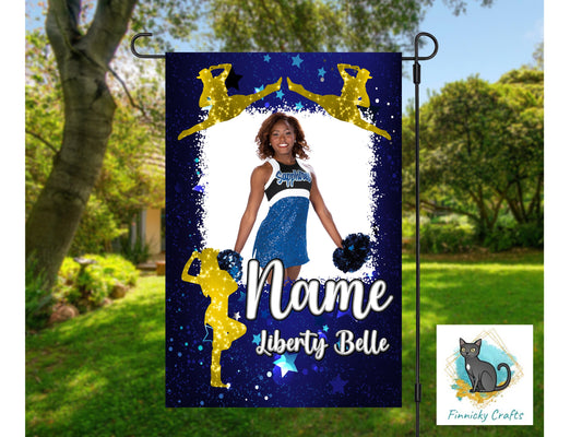 Blue/Gold Drill Team Garden Flag- 2 Versions - Elementary/Grammar, Middle/Junior, High, College, University