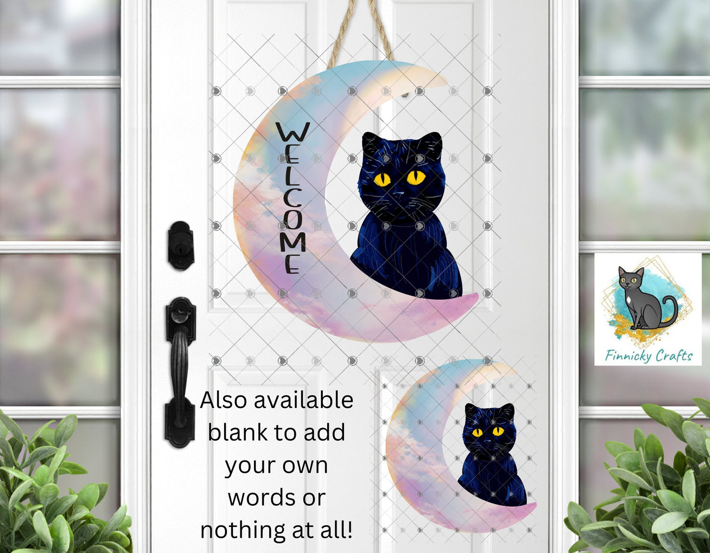 Moon Cat - Black Cat - Crescent Moon - 2 versions (Welcome & Blank) - Earrings - Signs - Design - PNG - T-shirts - DTF and Sublimation