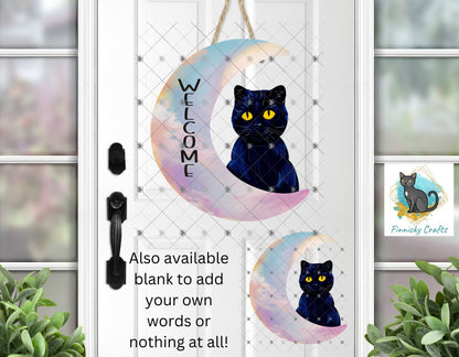 Moon Cat - Black Cat - Crescent Moon - 2 versions (Welcome & Blank) - Earrings - Signs - Design - PNG - T-shirts - DTF and Sublimation
