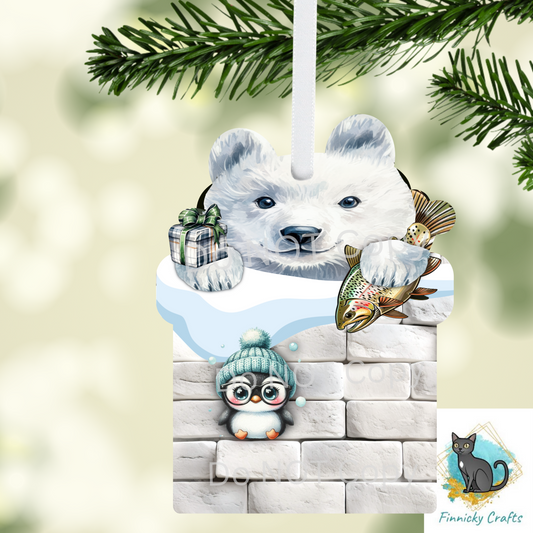 Polar Bear in Chimney Christmas Ornament png, earrings, sign, DTF