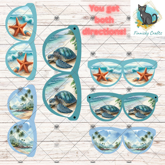 Sunglasses Shaped Earrings, Turtle, Beach, Starfish, PNG, Sublimation Design, Digital Download