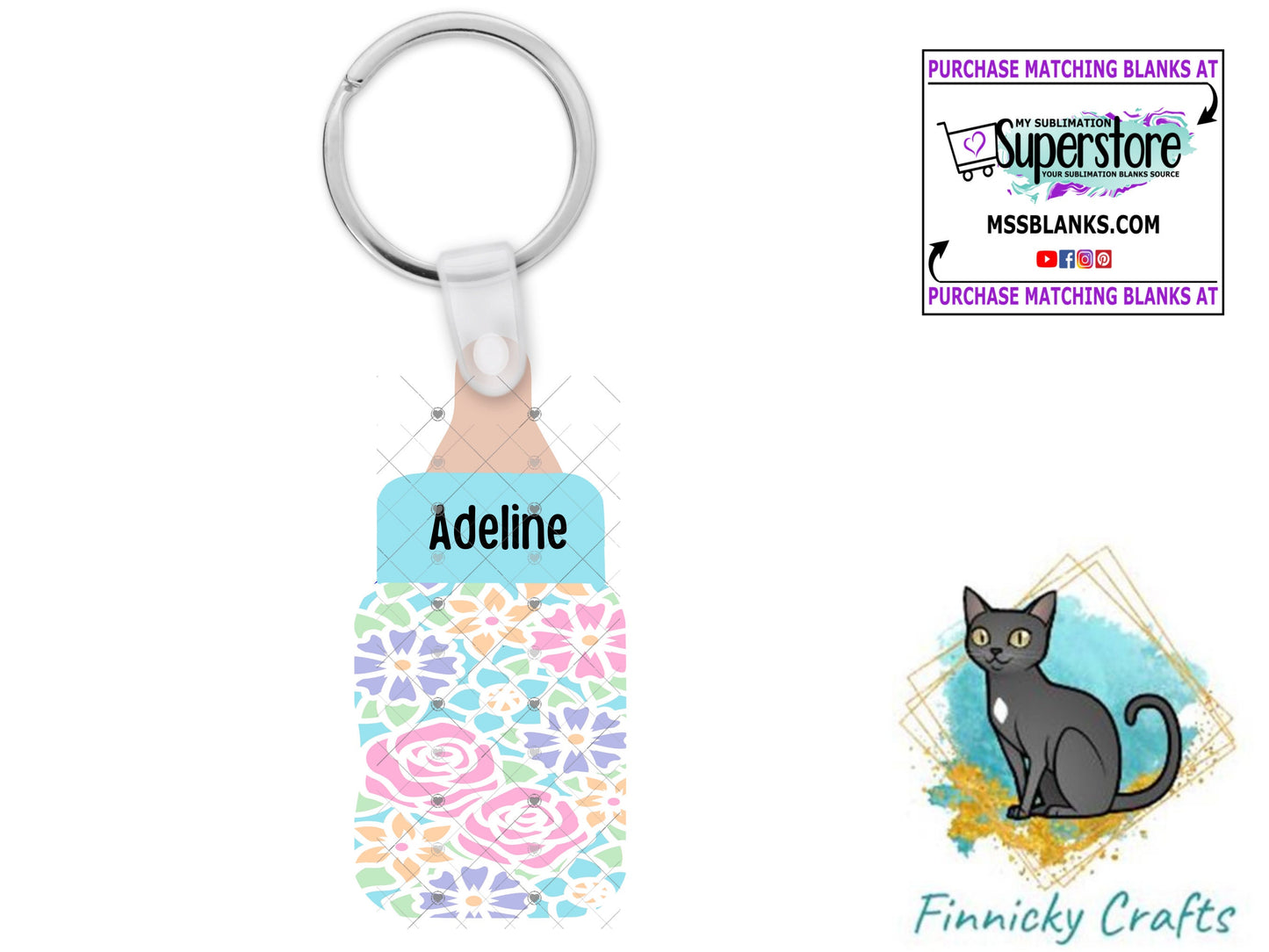 Pink, Purple and Blue Flower Baby Bottles Sublimation Digital Design - Decor, Ornament, keychain
