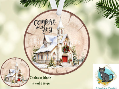 Wood Slice/Round Comfort and Joy Church Digital, Christmas, Winter, PNG, Design, Download, Door Hang, Ornament, Sublimation.
