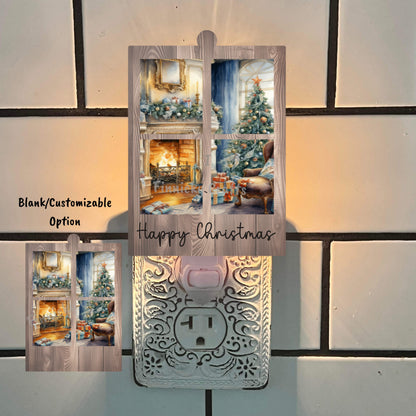 Window Scene Christmas Winter Customizable Ornament, Words and Blank, Sublimation, Digital, PNG, Design, Download.