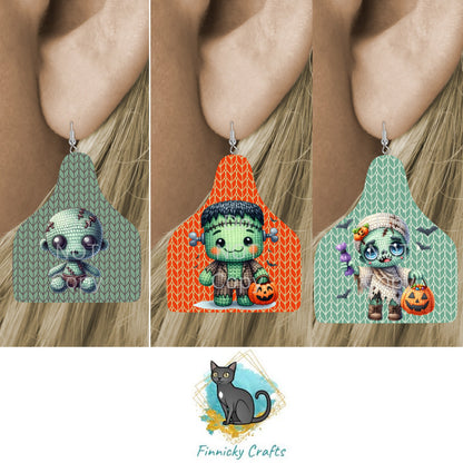 Halloween Cow Tag Shape Bundle png - Sublimation Designs Wall Hanger - Earring Png - Crochet-look Monsters, Frankenstein, Zombies