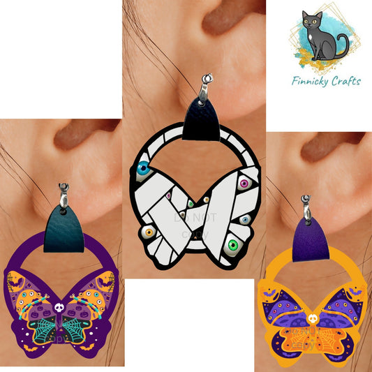 Leather Butterfly Earring PNG, Halloween Earring Design, Sublimation Leather Earring, fall leaves, mummy