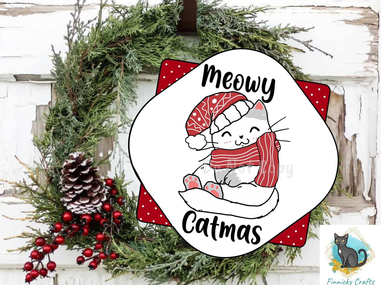 Meowy Catmas Christmas Cat Door Sign PNG, Quatrefoil Door Sign Digital Download for Sublimation, Door Hanger PNG