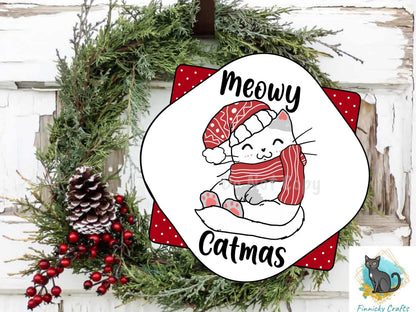 Meowy Catmas Christmas Cat Door Sign PNG, Quatrefoil Door Sign Digital Download for Sublimation, Door Hanger PNG