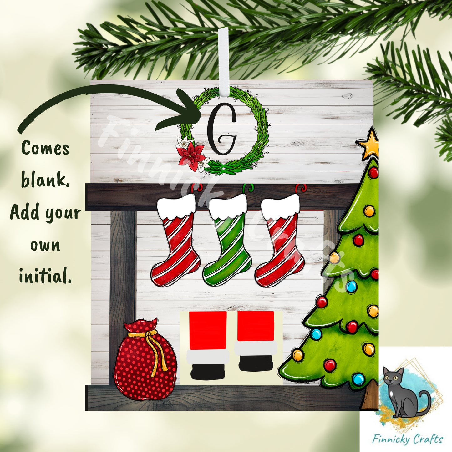 Santa Fireplace - Customizable Ornament,  Sublimation, Digital, PNG, Design, Download, Presents, Wreath, Stockings, Add initial to wreath
