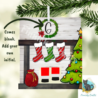 Santa Fireplace - Customizable Ornament,  Sublimation, Digital, PNG, Design, Download, Presents, Wreath, Stockings, Add initial to wreath