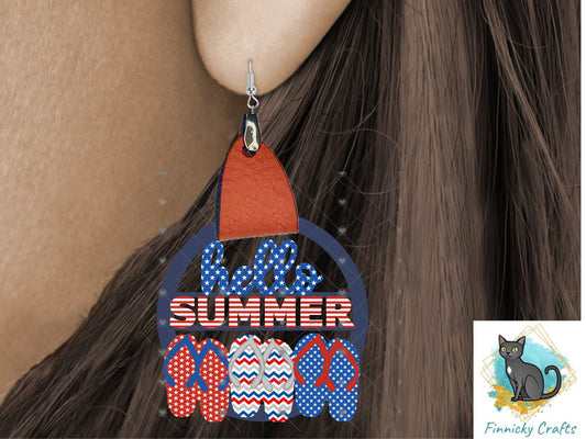 Leather Hello Summer Patriotic Flip Flops Earrings PNG, Earring Design, Sublimation Leather Earring.