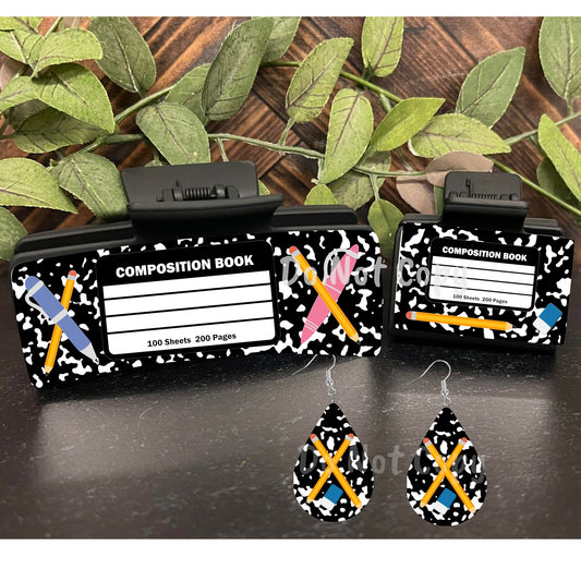 School, Teacher, Gift, composition notebook, Large hair clip, small hair clip, earrings, sublimation, png