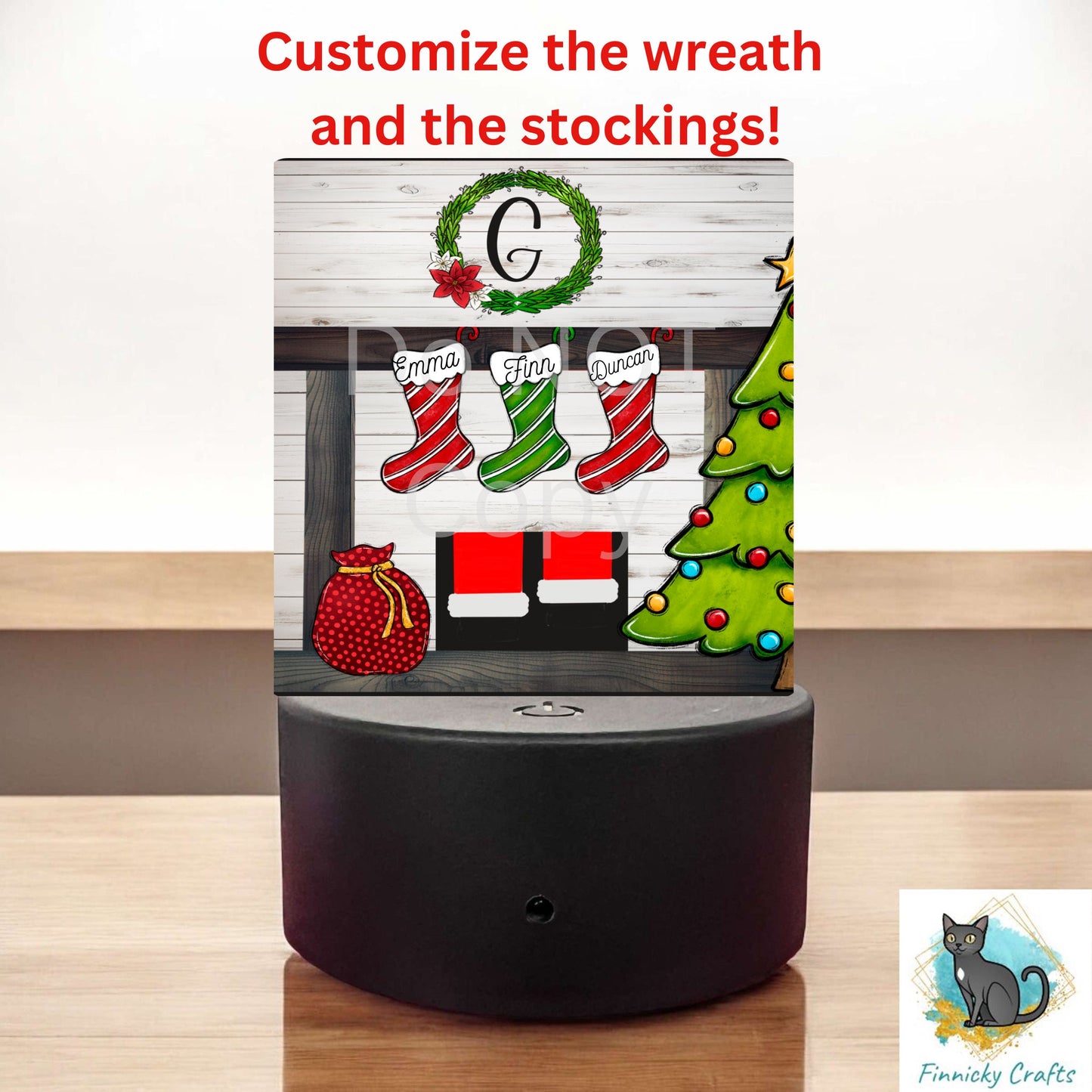 Acrylic Santa Fireplace-Customizable Light Base, Sublimation, Digital, PNG, Design, Download, Acrylic, Wreath, Stockings, Add initial
