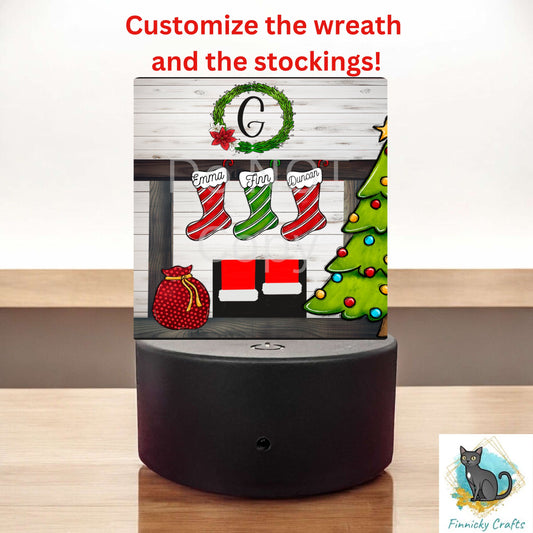 Acrylic Santa Fireplace-Customizable Light Base, Sublimation, Digital, PNG, Design, Download, Acrylic, Wreath, Stockings, Add initial