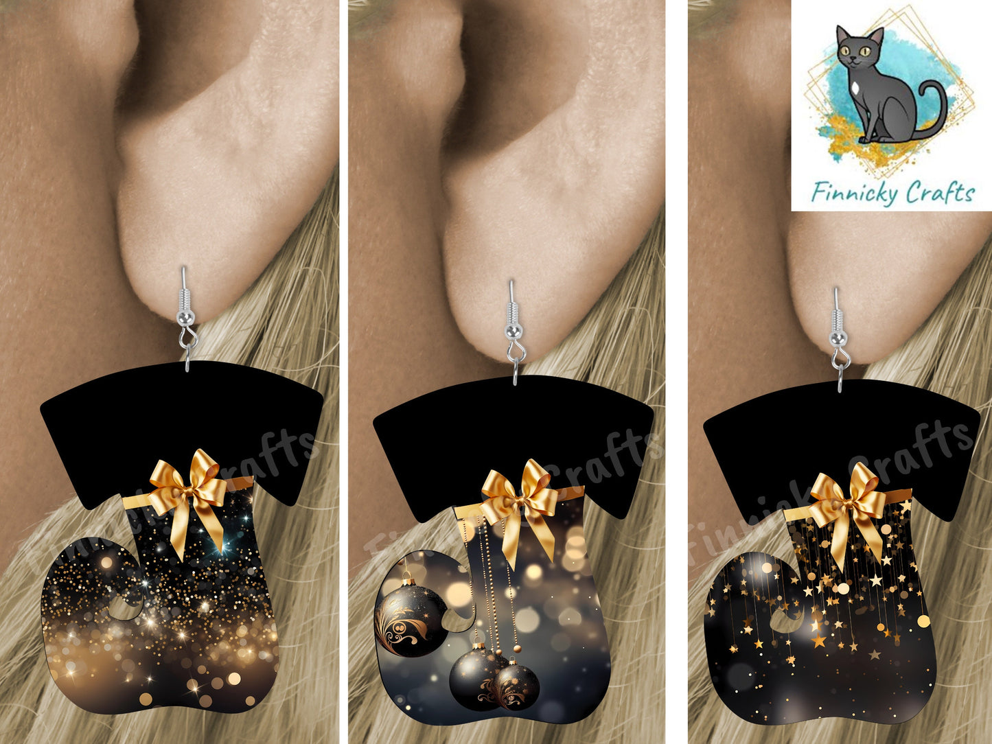 Swirl Stocking Design, Black, Gold, Sophisticated, Christmas, Sublimation, Digital Design, PNG, Earring, Ornament