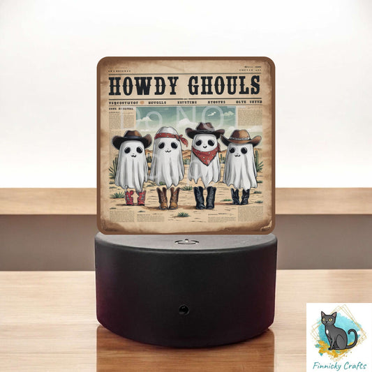 Howdy Ghouls Newspaper png - Sublimation Designs - Square Acrylic - Light Base - Home Decor - Night Light - floating cowboy ghosts