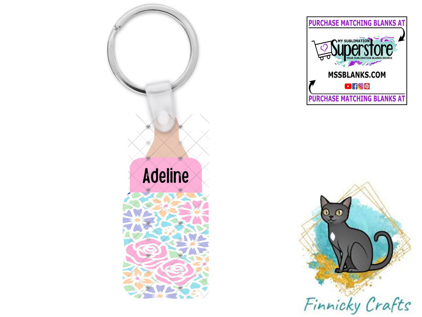 Pink, Purple and Blue Flower Baby Bottles Sublimation Digital Design - Decor, Ornament, keychain