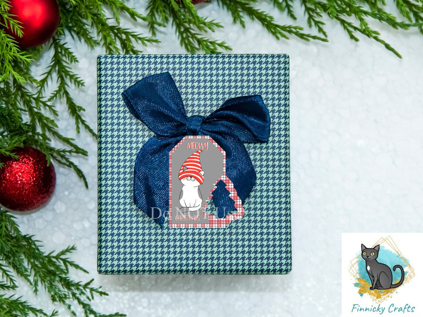 Meowy Christmas Cat and Treats on Earth Cat Tag with Tree Christmas Design Bundle png