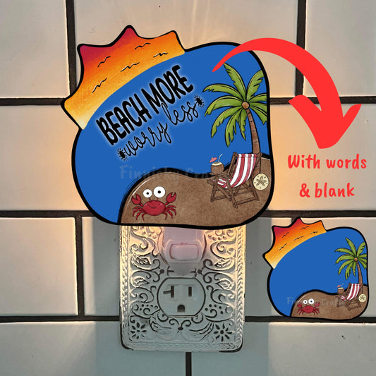 Sublimation Design, Beach More Worry Less - Sun Pool Blank - Beach Bag, Night light, Sign, Suncatcher, Car Vent, Earrings, Digital Download