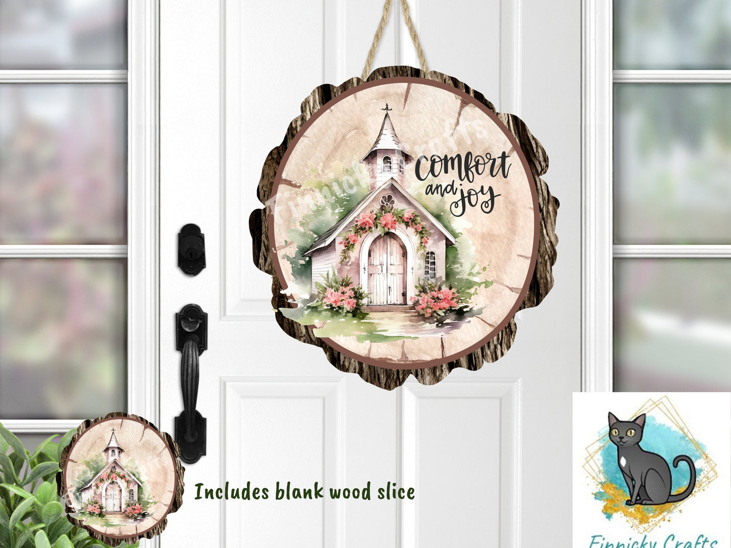Wood Slice/Round Comfort and Joy Church Digital, Christmas, Winter, PNG, Design, Download, Door Hang, Ornament, Sublimation.