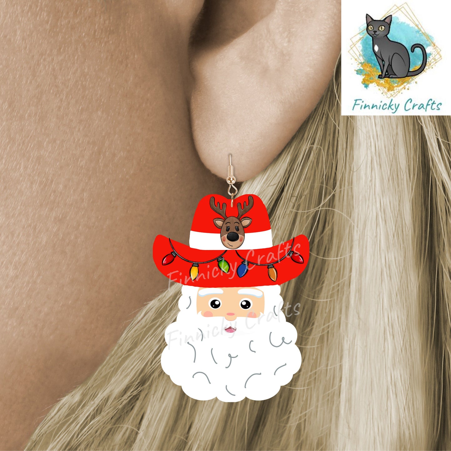 Western Cowboy Santa with reindeer and Christmas lights - earrings, night light, sign, decor  -  Christmas Ornament Digital File