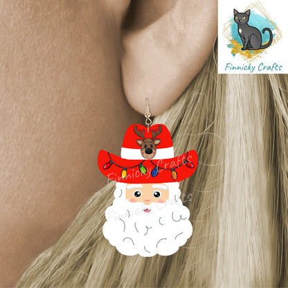 Western Cowboy Santa with reindeer and Christmas lights - earrings, night light, sign, decor  -  Christmas Ornament Digital File