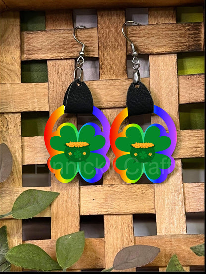 Clover with Leather Earrings, Shamrock, St. Patrick's Day, Gnomes, Rainbow, Gold, Highland Cow, Sublimation, PNG, Digital, Design, Download