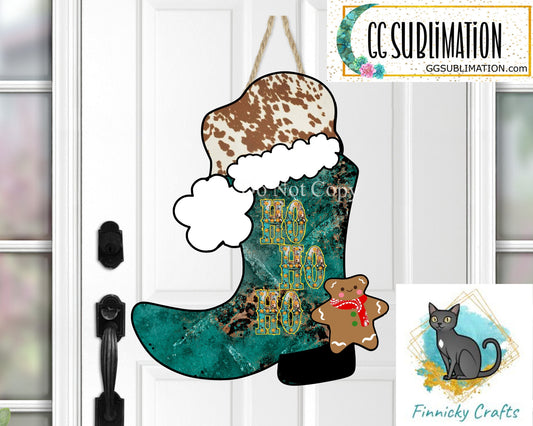 Turquoise and Leopard Cowboy Boot with Santa Hat and Gingerbread Man Spur Christmas Design png
