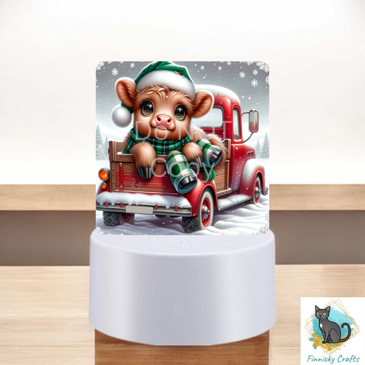 Christmas Highland Cow, Red Truck, Sign, Sublimation, Digital, PNG, Design, Acrylic, Nightlight, Light Base