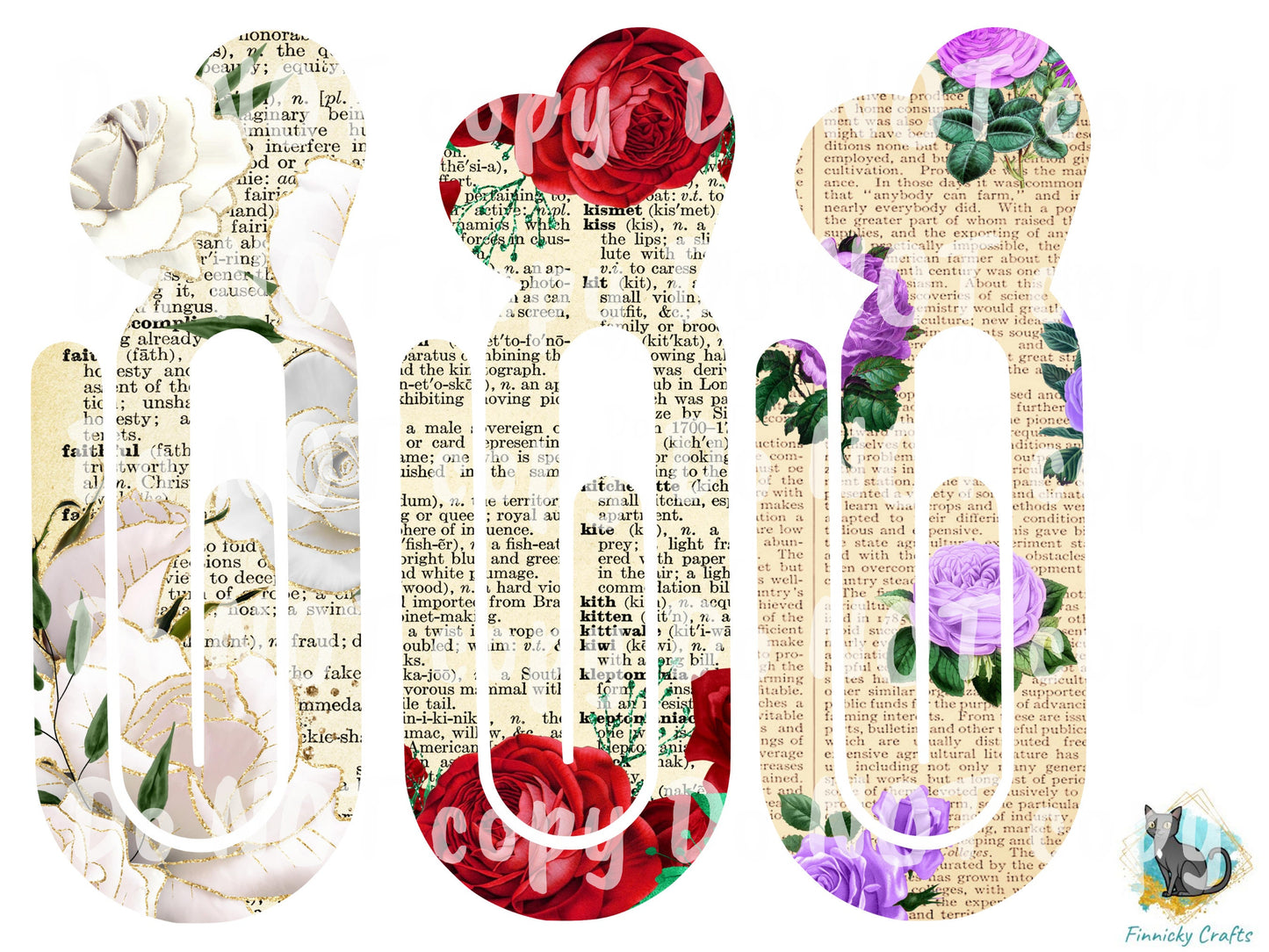 Dictionary Roses Bookmark - 12 Designs Bundle - Various colors - Heart bookmark - Instant Digital Download - PNG