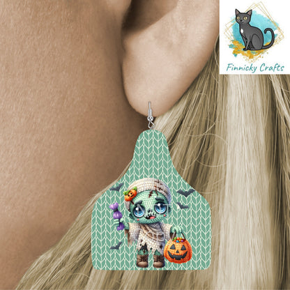 Halloween Cow Tag Shape Bundle png - Sublimation Designs Wall Hanger - Earring Png - Crochet-look Monsters, Frankenstein, Zombies