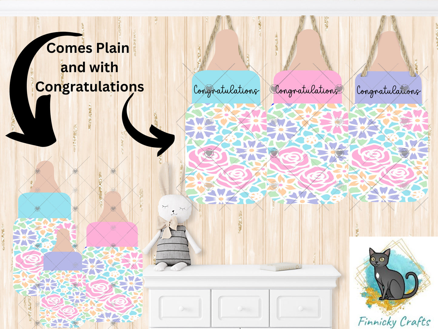 Pink, Purple and Blue Flower Baby Bottles Sublimation Digital Design - Decor, Ornament, keychain