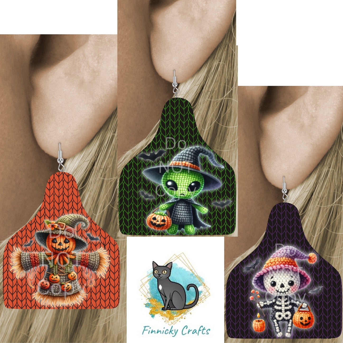 Halloween Cow Tag Shape Bundle png - Sublimation Designs Wall Hanger - Earring Png - Crochet Alien, Scarecrow, Skeleton